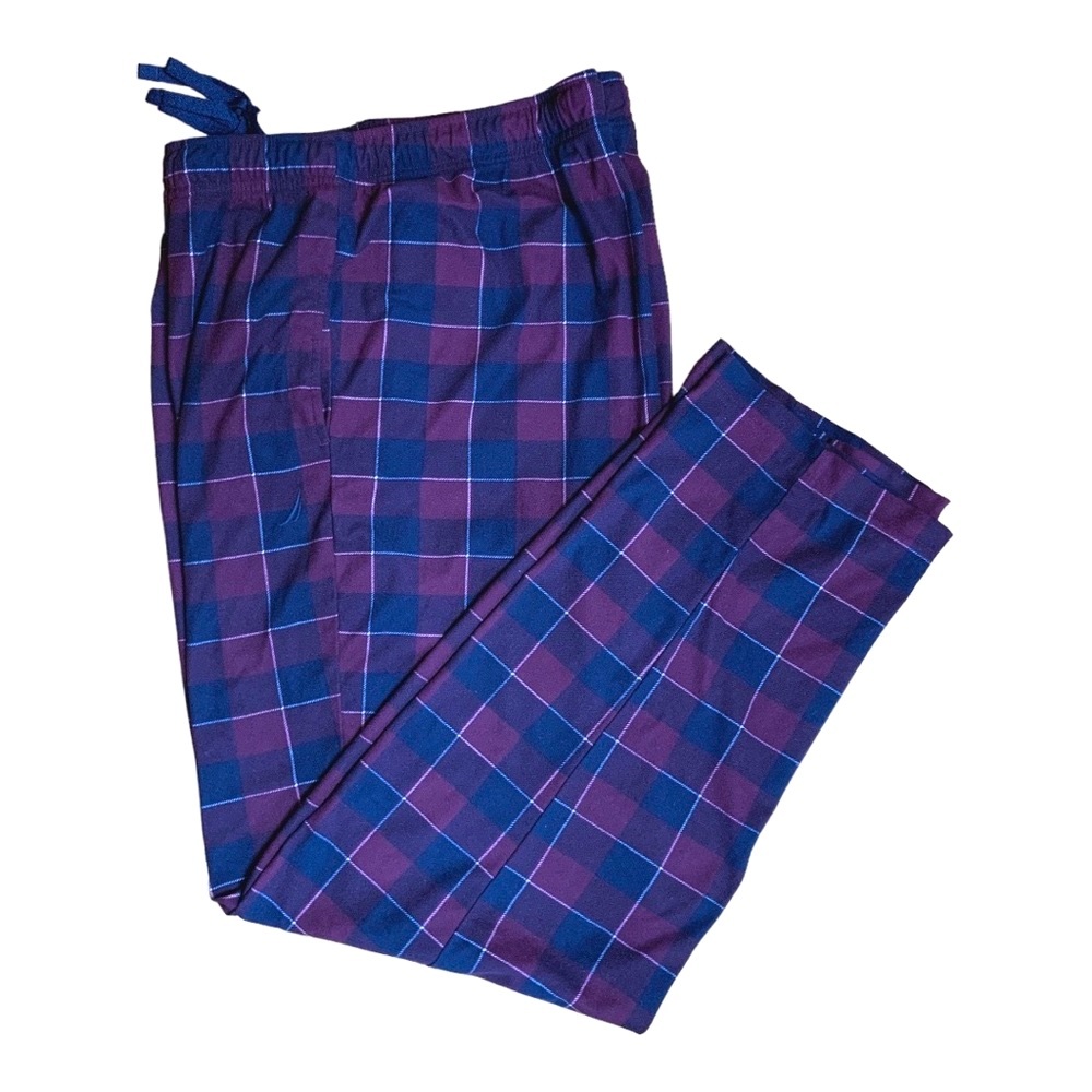 NAUTICA Men's Navy/Maroon XL Plaid Pajama Lounge Pants Soft Brushed Polyester